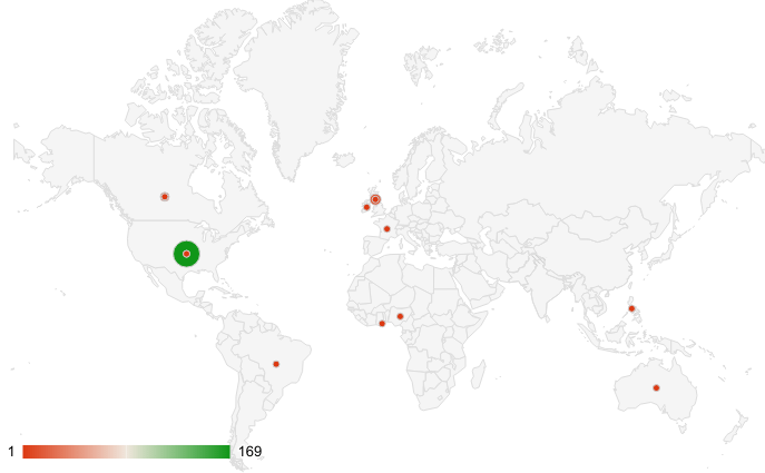 A map of my authors' home countries - 80% from the US, with representation from Canada, the UK, Ireland, the Phillipines, Ghana, Nigeria, Germany, Australia and Brazil.  