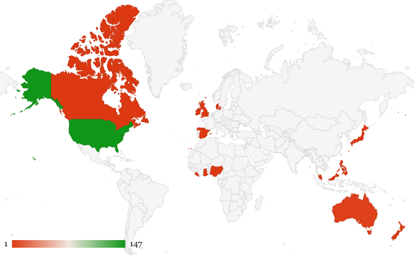 A map of the home countries of the authors I read in 2023, including the US, Canada, Ireland, England, Denmark, Liberia, Ghana, Nigeria, Indonesia, the Philippines, Japan, Australia, and New Zealand. 