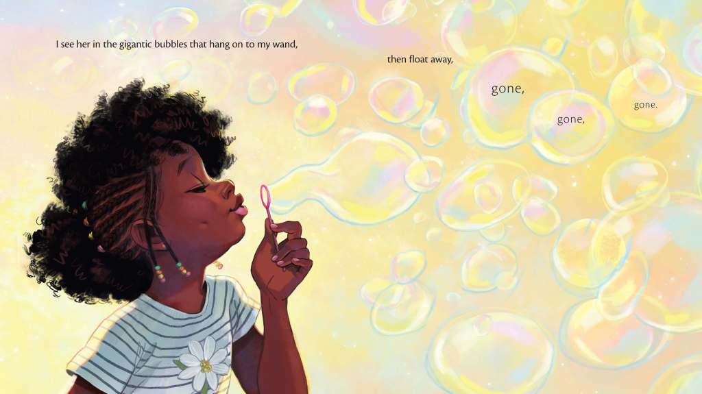 A spread from Summer is Here
by Renée Watson 
and Bea Jackson featuring a girl blowing bubbles. 