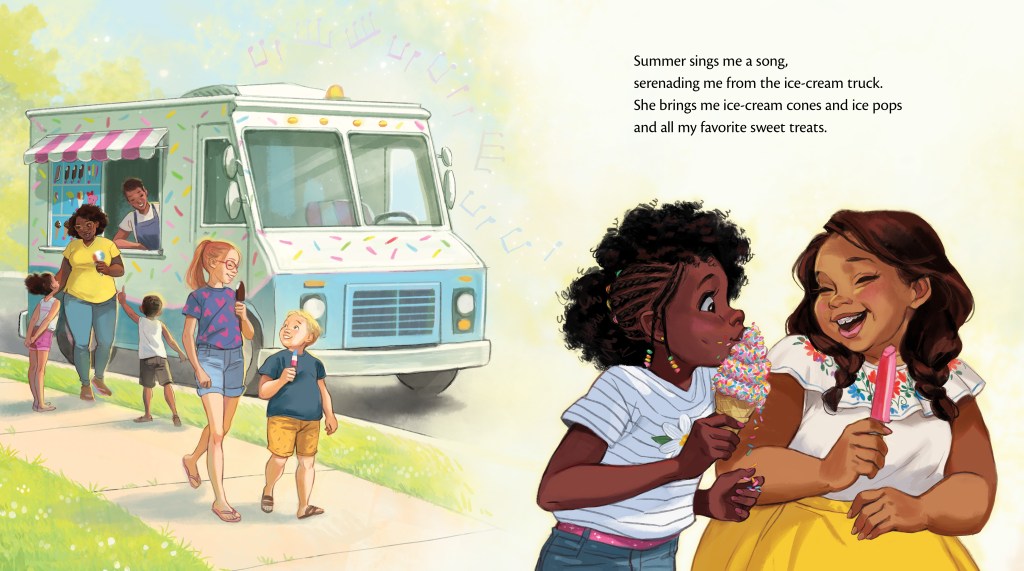 A spread from Summer is Here
by Renée Watson 
and Bea Jackson featuring children and families buying ice-cream from an ice-cream truck.