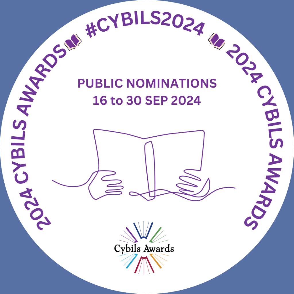 A line drawing sketch of hands reading a book, with the Cybils Awards logo of rainbow books arranged in a sunburst.  The text reads 2024 Cybils Awards.  Public Nominations 16 to 30 Sep 2024