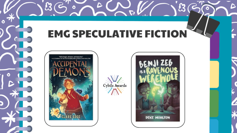 Text reads EMG Speculative Fiction, with covers of Accidental Demons by Clare Edge and Benji Zeb is a Ravenous Werewolf by Deke Moulton