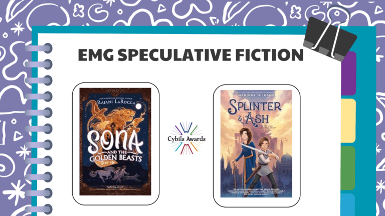Text reads EMG Speculative Fiction, with covers of Sona and Golden Beasts by Rajani LaRocca and Splinter & Ash by Marieke Nijkamp..