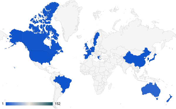 A map of the home countries of the authors I read in 2024, including Australia, Brazil, Canada, China, France, Germany, Greece, Hong Kong, Japan, Malaysia, the Netherland, New Zealand, Northern Ireland, Spain, Sweden, Trinidad & Tobago, the UK,  and of course the United States.  