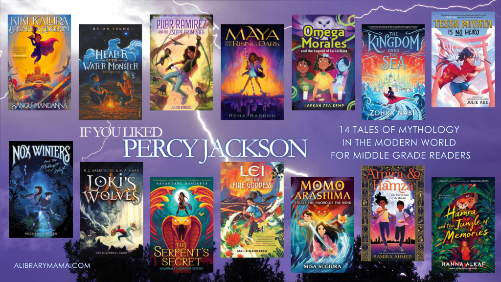 Text reads "If you liked Percy Jackson: 14 tales of mythology in the modern world for middle grade readers" with the covers of 14 books, listed in the text below over the background of a purple sky with lightning striking. 